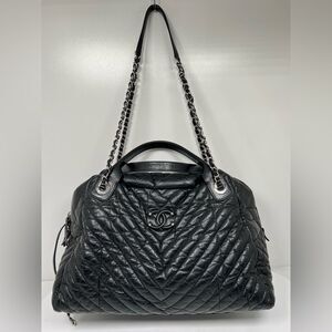 Chanel Soft Bowling Bag Chevron Aged Claf Skin Large Bag